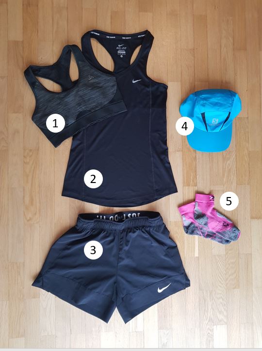 Trail running outfit, Odlo sports bra, Nike running shirt, Nike running shorts, Salomon cap, socks