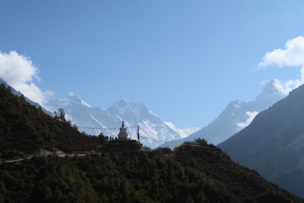 Stupa in front of Mount Everest and Lhotse on the way to Mount Everest base camp in Himalaya Nepal